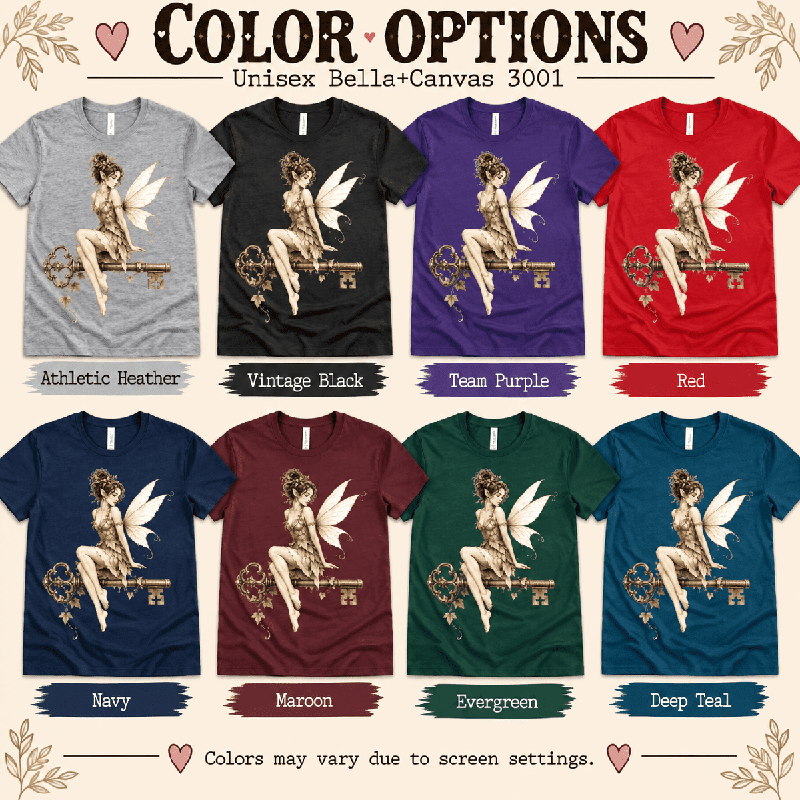Key Fairy Premium T-Shirt color chart: Athletic Heather, Vintage Black, Team Purple, Red, Navy, Maroon, Evergreen, Deep Teal