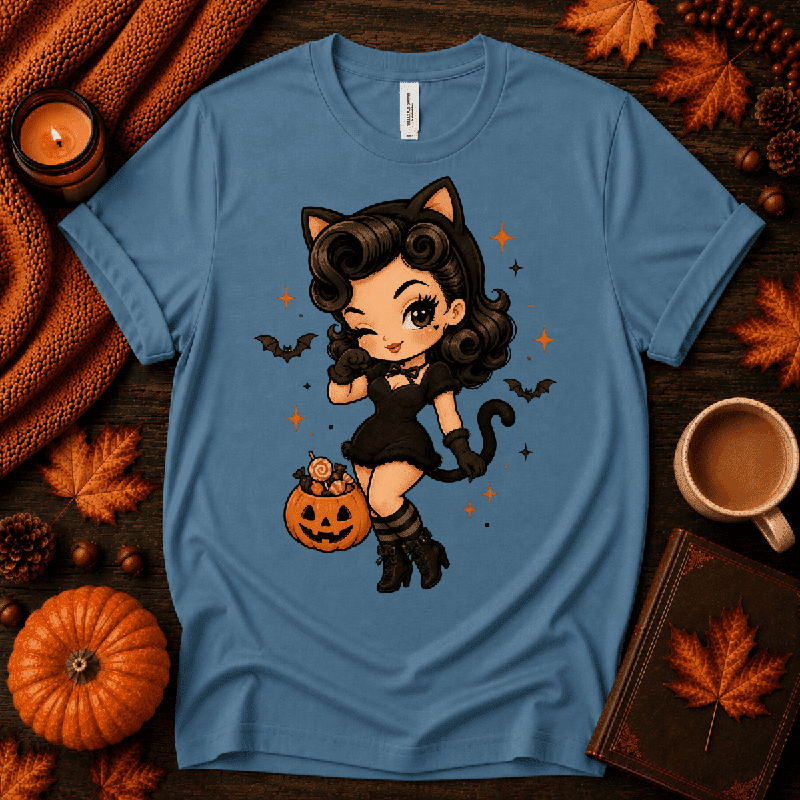 Kitty Kate Premium T-Shirt in steel blue, flat lay