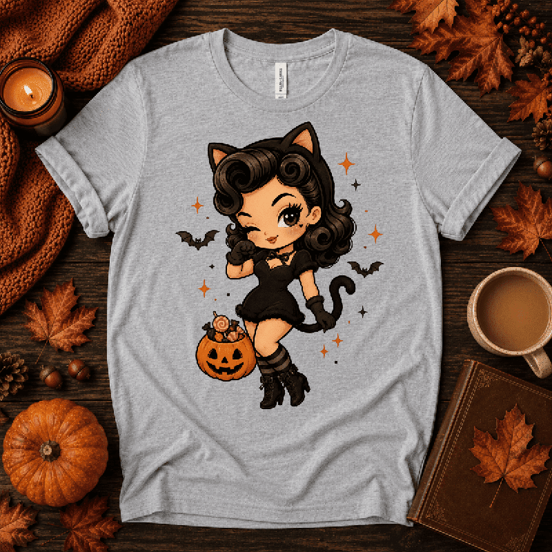 Kitty Kate Premium T-Shirt in athletic heather gray, flat lay with pin-up cat-girl and jack-o'-lantern bucket graphic