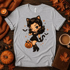 Kitty Kate Premium T-Shirt in athletic heather gray, flat lay with pin-up cat-girl and jack-o'-lantern bucket graphic