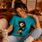 Woman sitting on a couch, wearing the Kitty Kate Premium T-Shirt in heather sea green