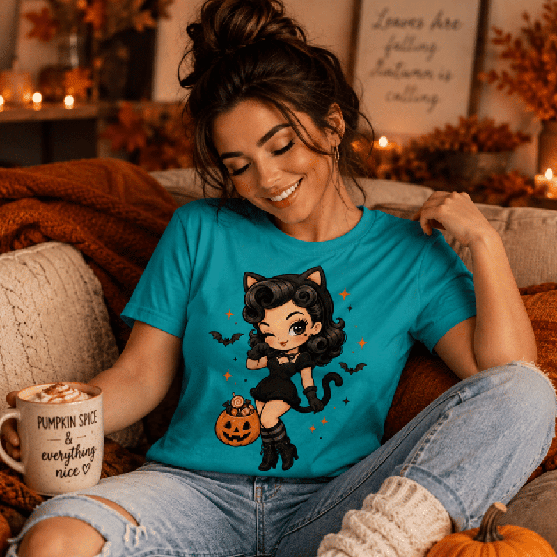 Woman sitting on a couch, wearing the Kitty Kate Premium T-Shirt in heather sea green