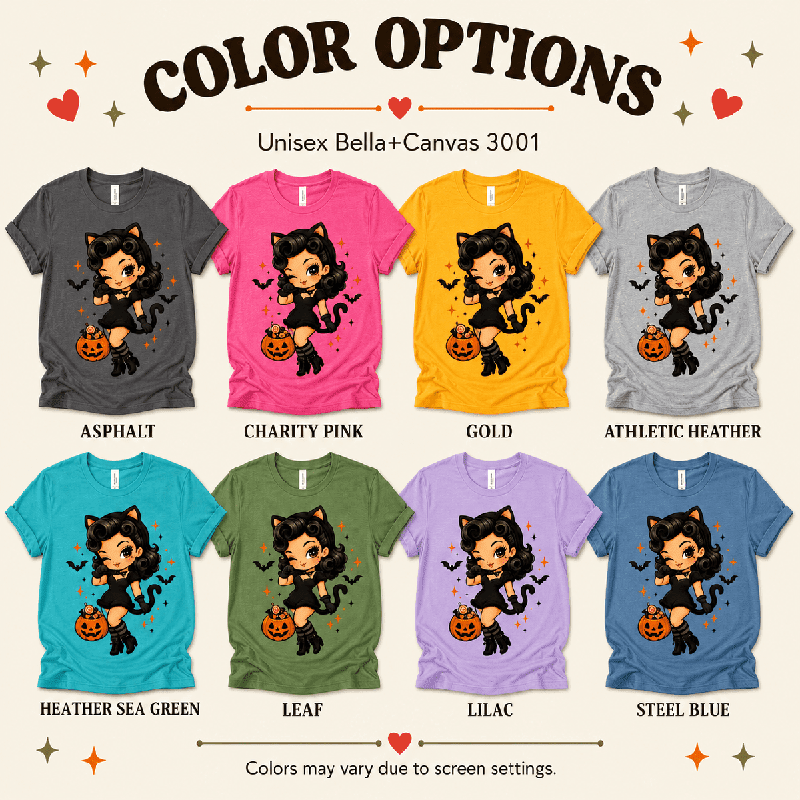 Kitty Kate Premium T-Shirt color chart: Asphalt, Charity Pink, Gold, Athletic Heather, Heather Sea Green, Leaf, Lilac, Steel Blue
