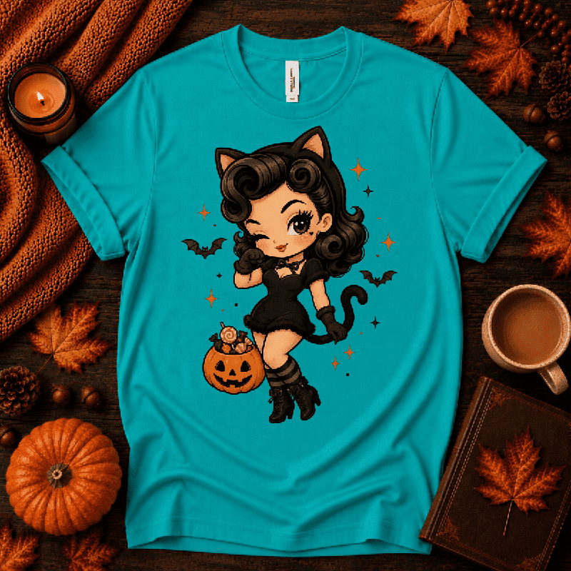 Kitty Kate Premium T-Shirt in heather sea green, flat lay