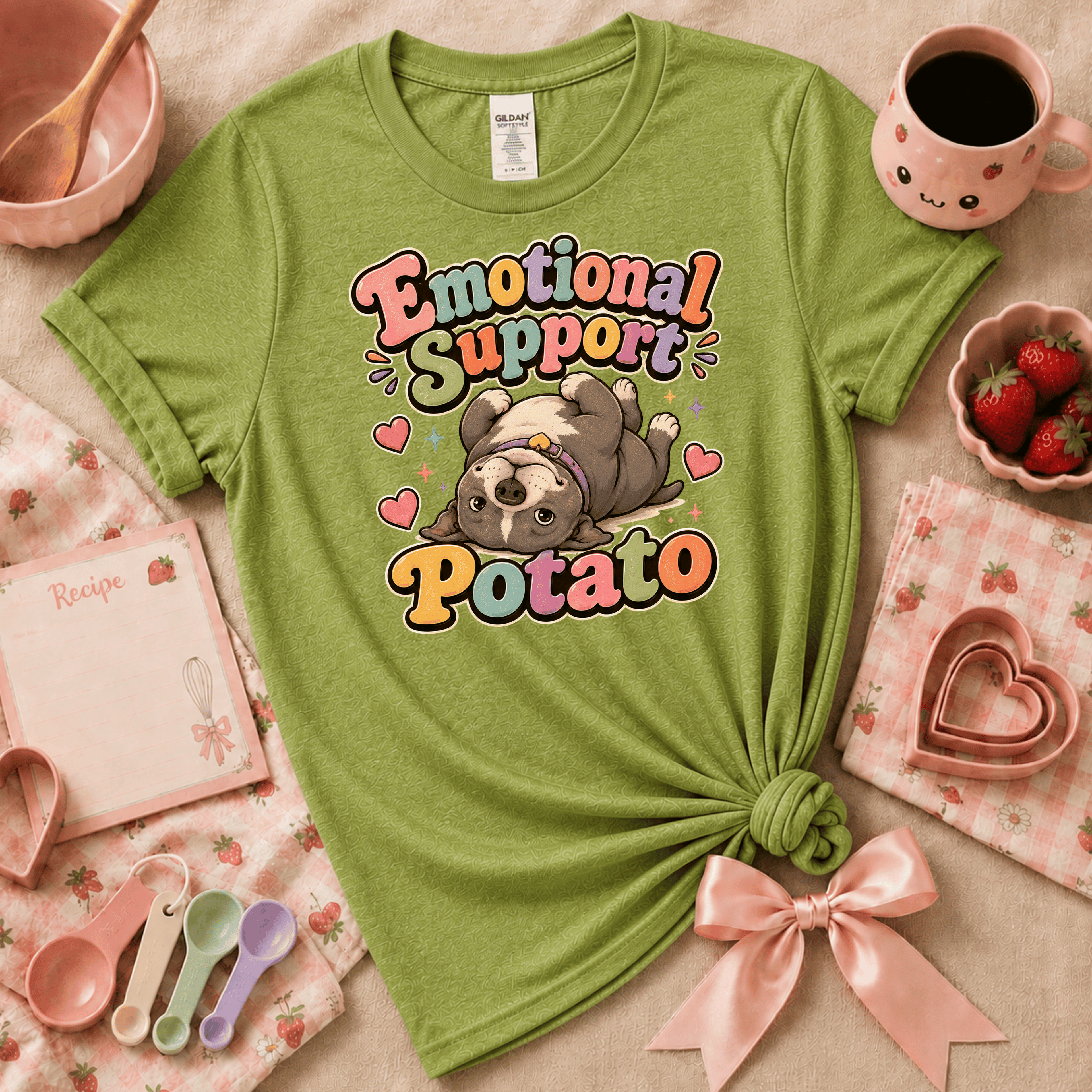Emotional Support Potato cute animal graphic t-shirt cozy flat lay in kiwi green.