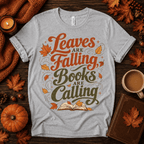 Leaves Are Falling Premium T-Shirt in athletic heather gray, flat lay with autumn props
