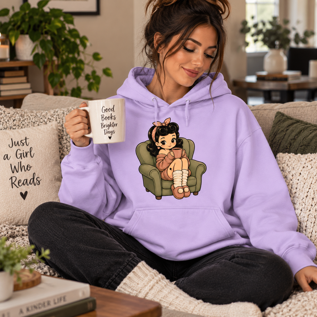 A woman wearing a lilac Homebody Holly cute pinup graphic hoodie.