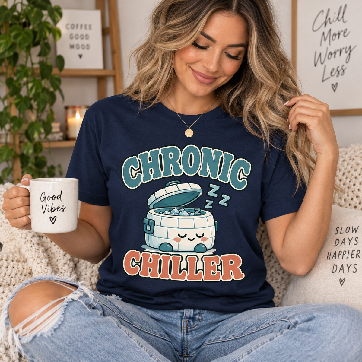 A woman wearing a navy Chronic Chiller funny introvert graphic t-shirt.