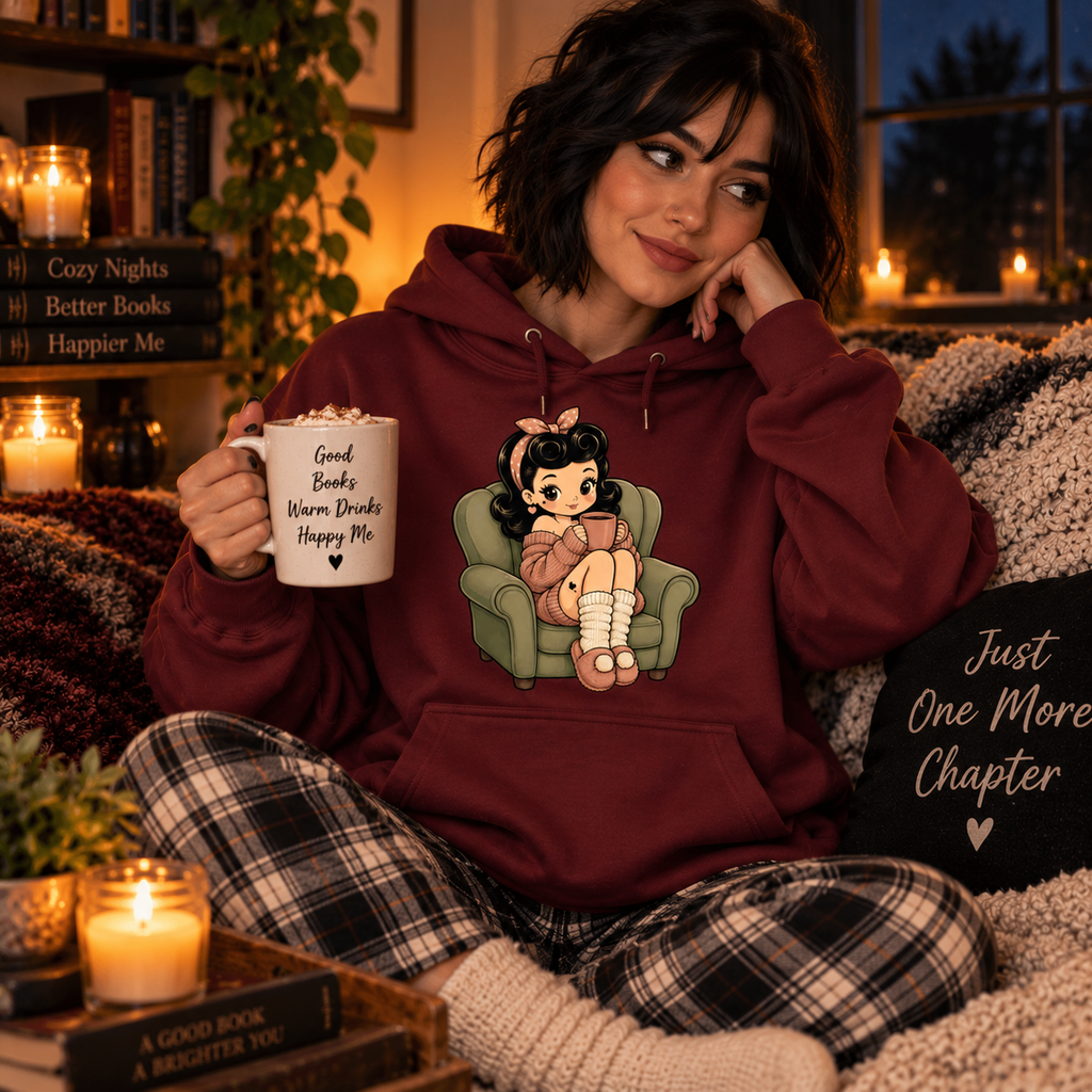 A woman wearing a burgundy Homebody Holly cute pinup graphic hoodie.