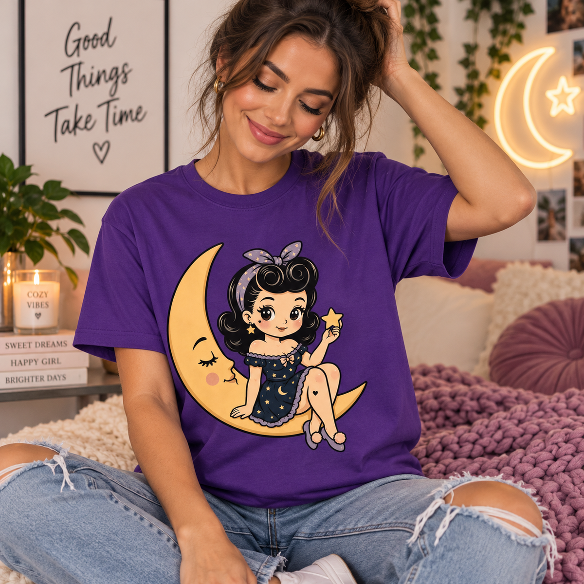 A woman wearing a team purple Moonlight Millie cute pinup graphic t-shirt.