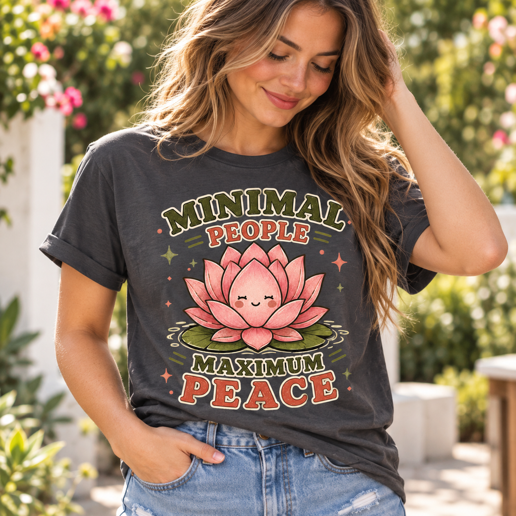 A woman wearing an asphalt Minimal People cute plant graphic t-shirt.