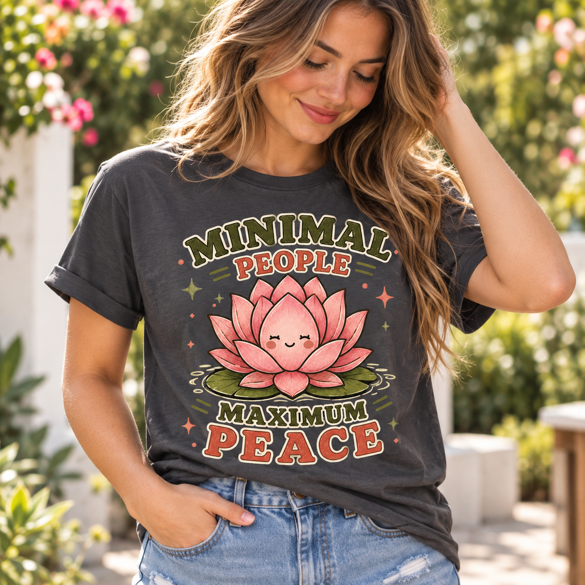 A woman wearing an asphalt Minimal People cute plant graphic t-shirt.