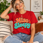 A woman wearing a red Miso Sleepy funny food graphic t-shirt.