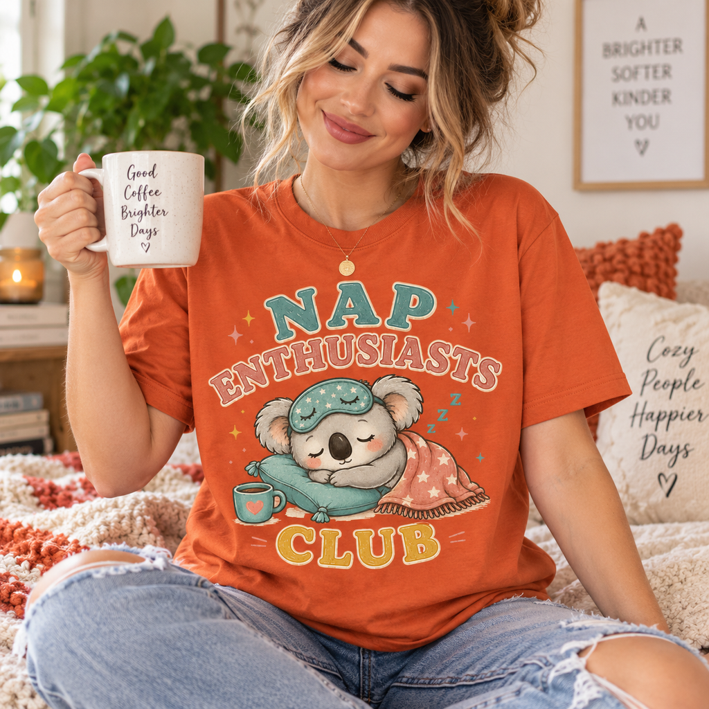 A woman wearing a burnt orange Nap Enthusiasts Club cute animal graphic t-shirt.