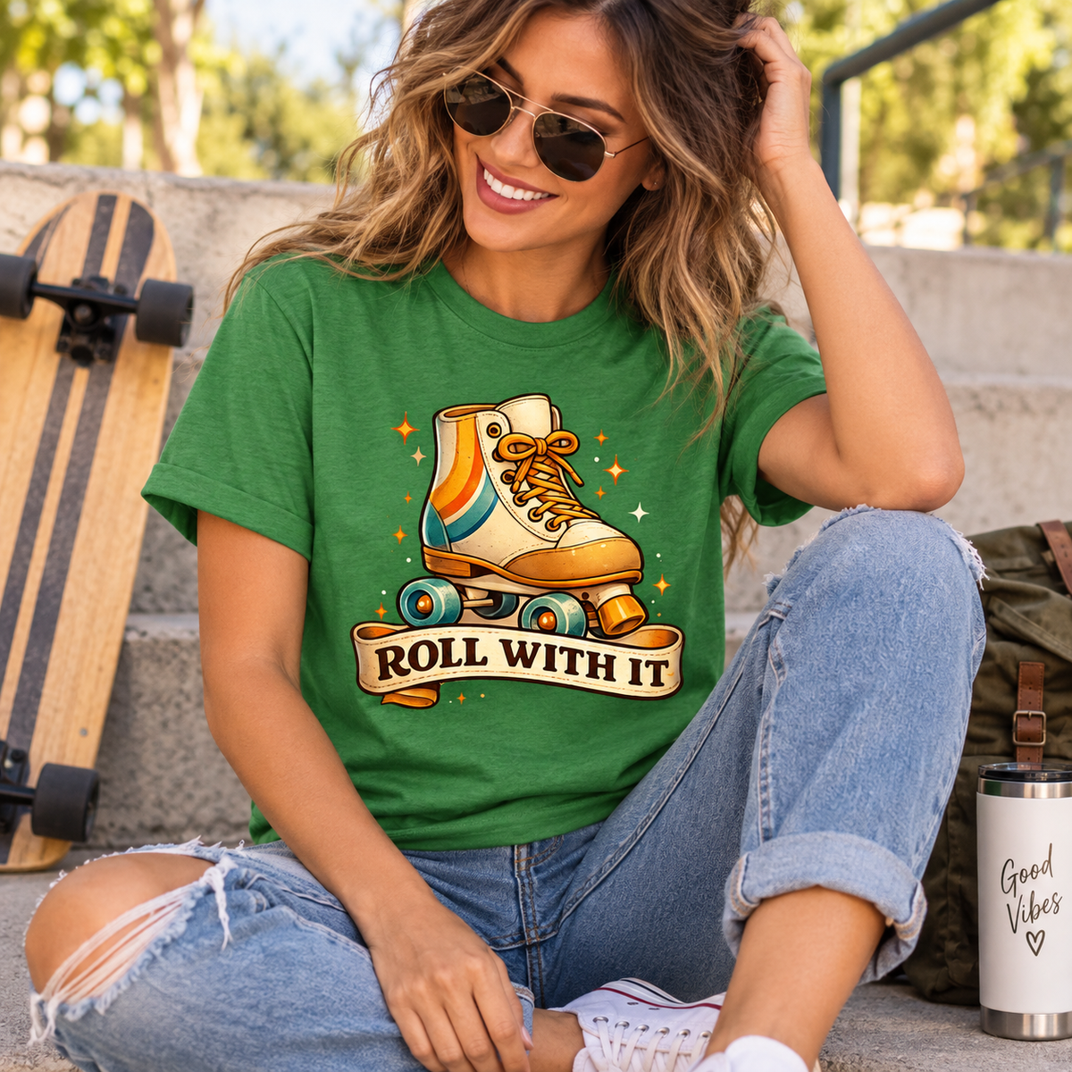 A woman wearing a leaf Roll With It retro introvert graphic t-shirt.
