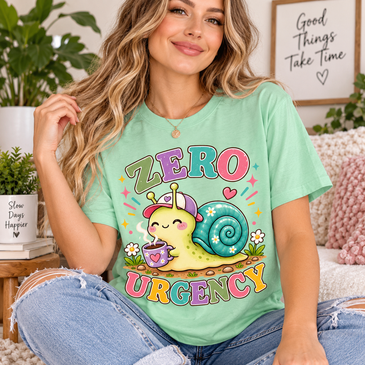 A woman wearing a mint Zero Urgency cute animal graphic t-shirt.