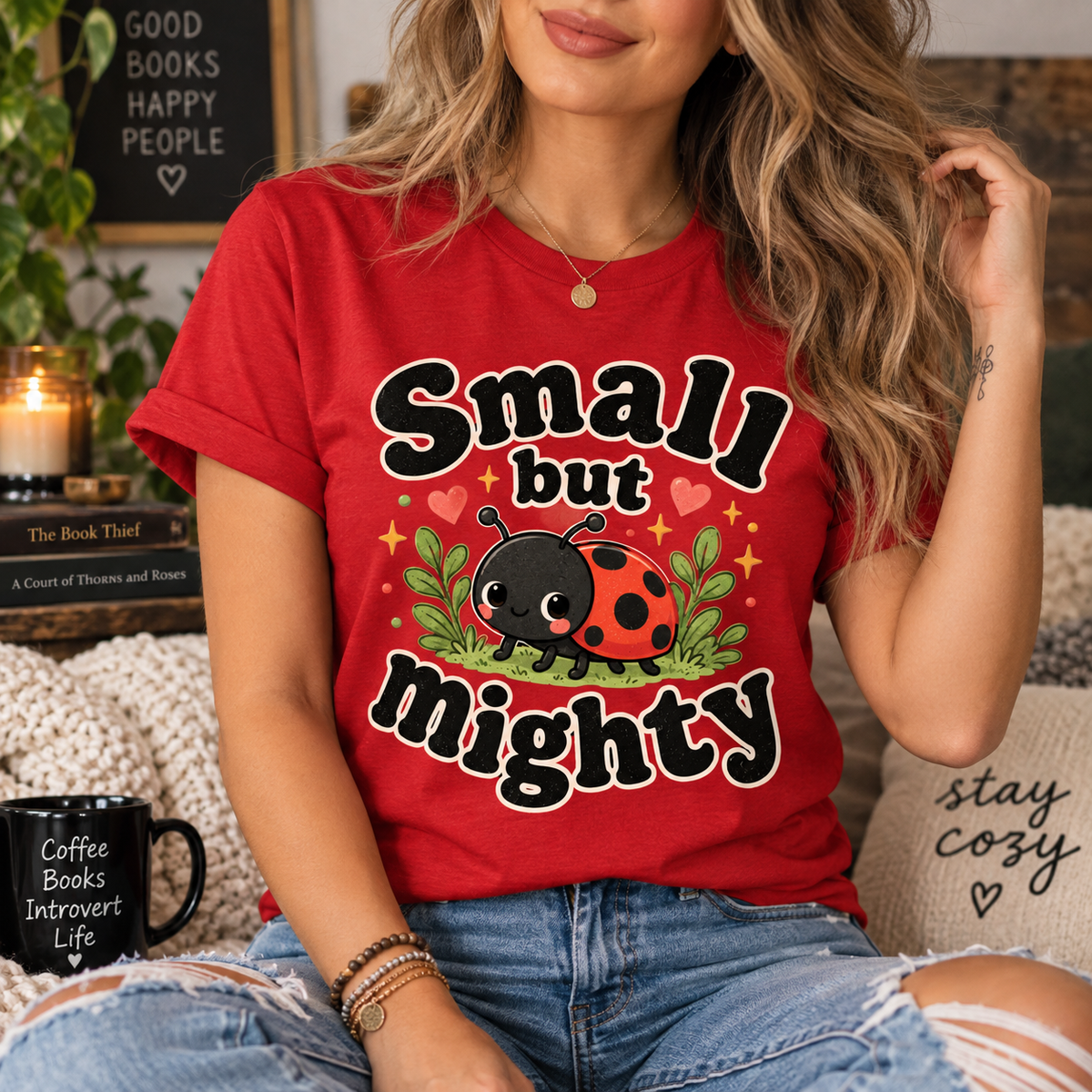 A woman wearing a red Small but Mighty cute animal graphic t-shirt.