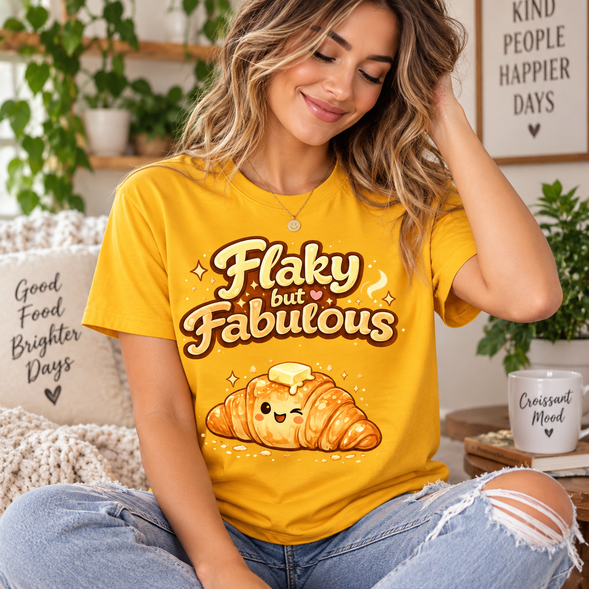 A woman wearing a gold Flaky But Fabulous cute food graphic t-shirt.