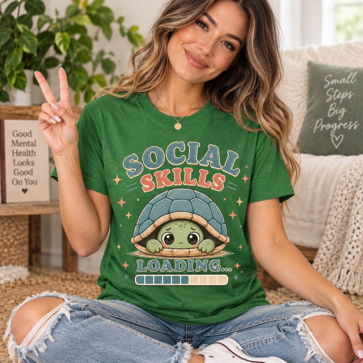 A woman wearing a leaf Social Skills cute animal graphic t-shirt.