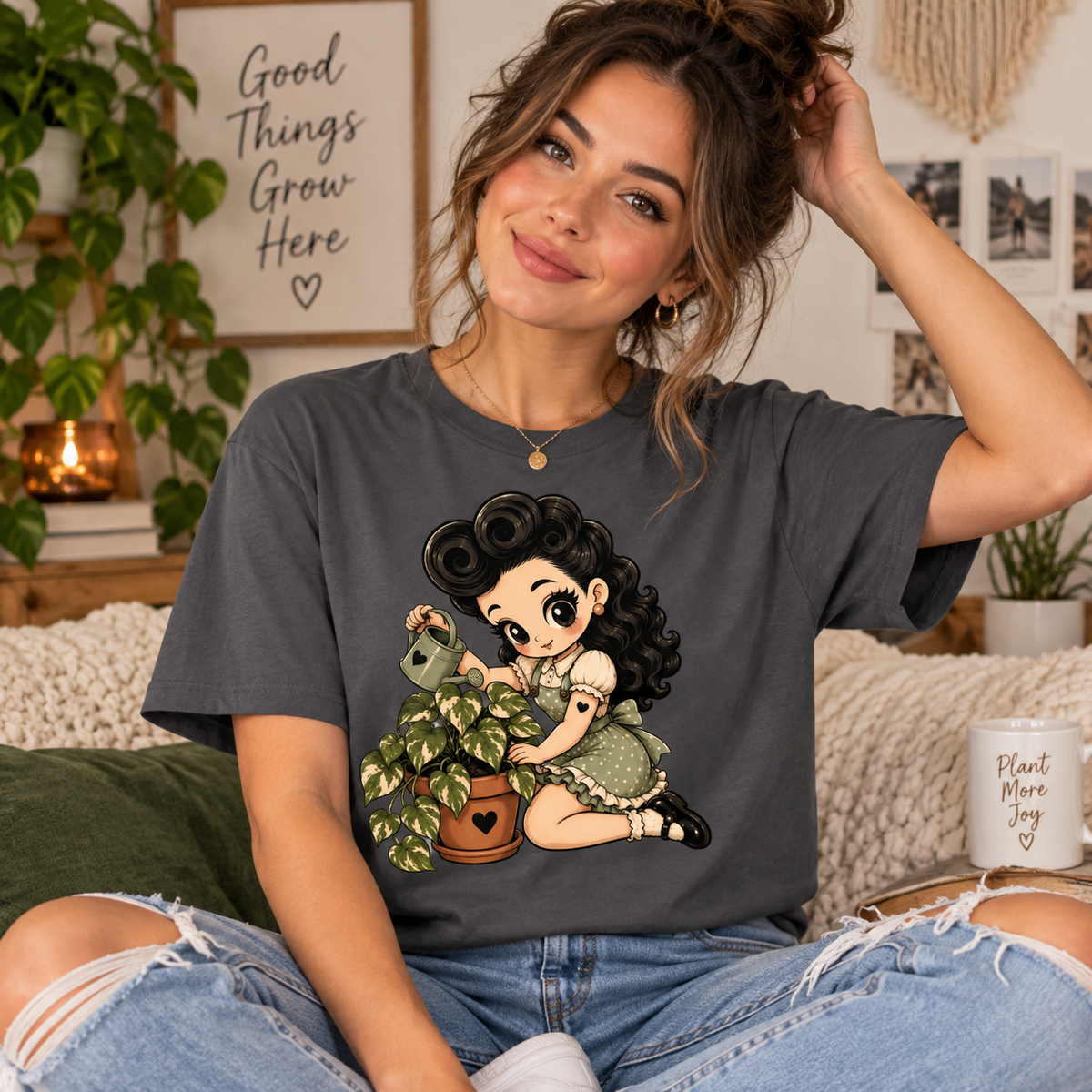 A woman wearing an asphalt Plant Penny cute pinup graphic t-shirt.