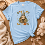 Offline By Choice introvert graphic t-shirt cozy flat lay in light blue.