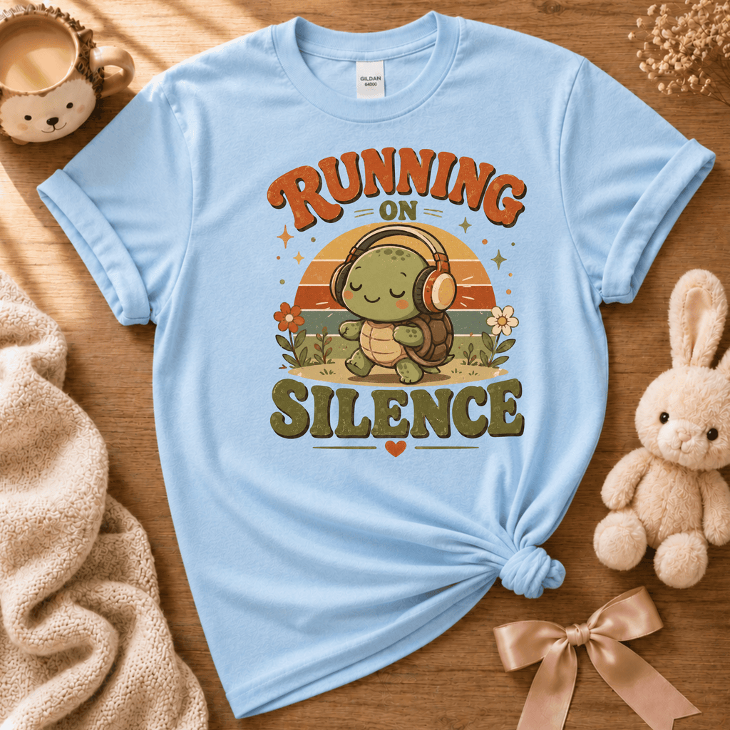 Running On Silence cute animal graphic t-shirt displayed in a cozy flat lay in light blue.