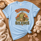 Running On Silence cute animal graphic t-shirt displayed in a cozy flat lay in light blue.