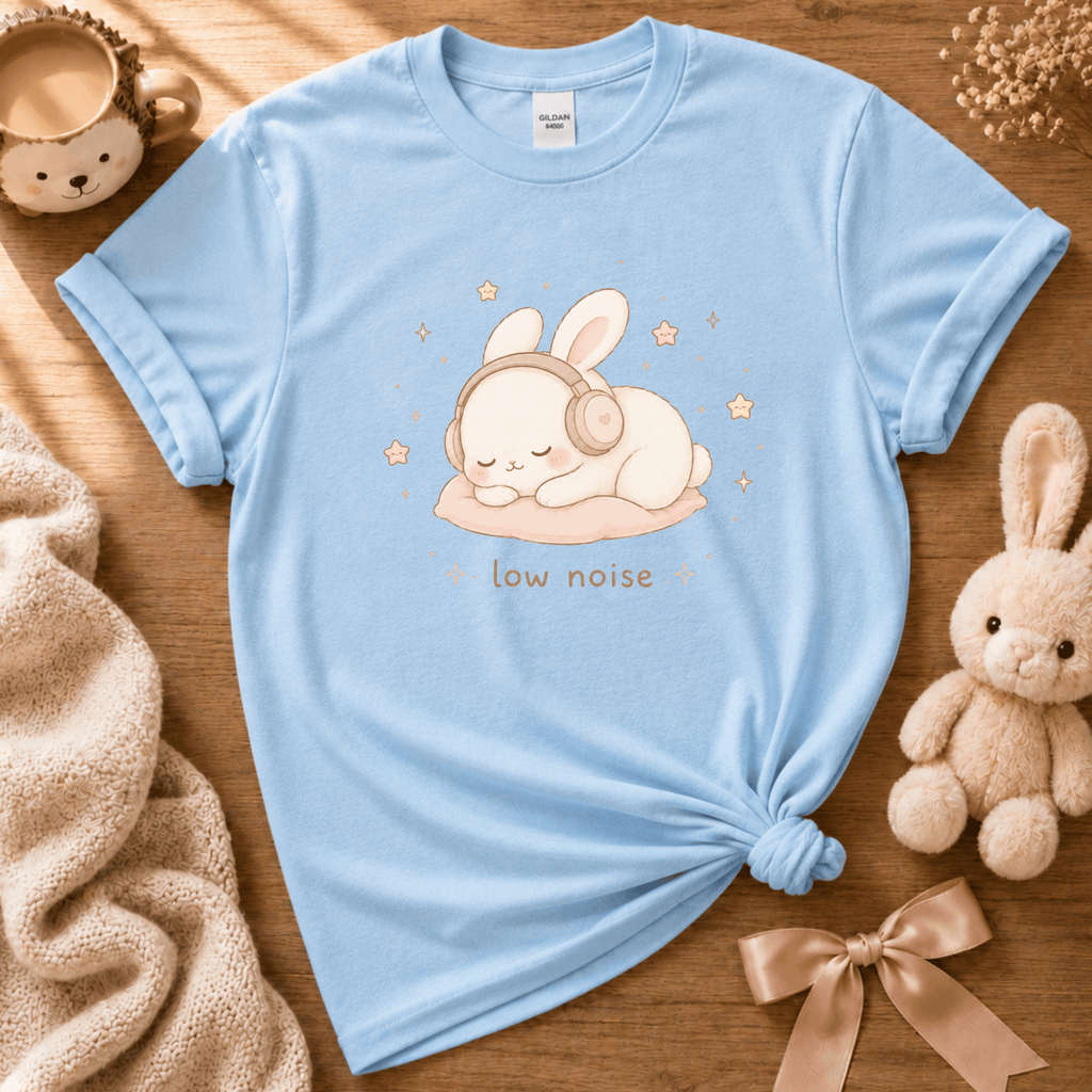 Low Noise cute animal graphic t-shirt displayed in a cozy flat lay in light blue.