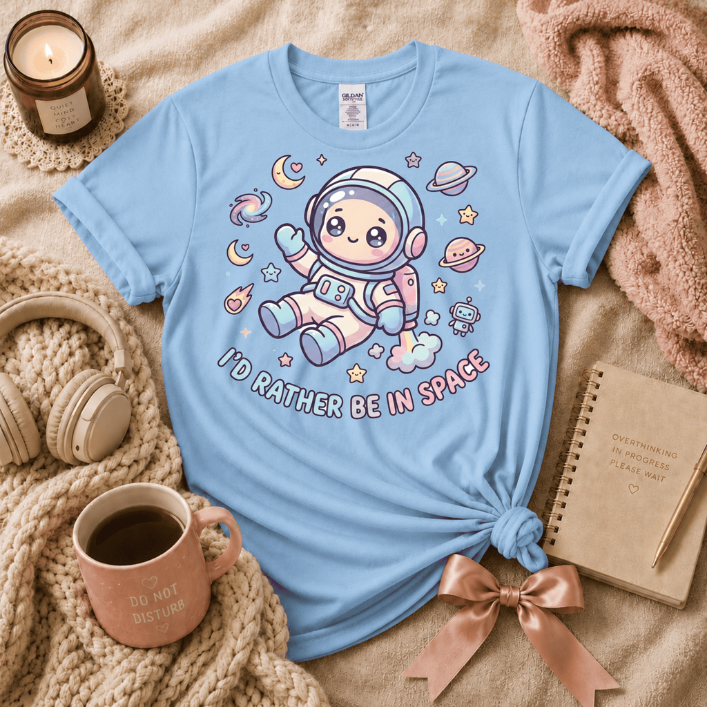 I'd Rather Be In Space introvert graphic t-shirt cozy flat lay in light blue.