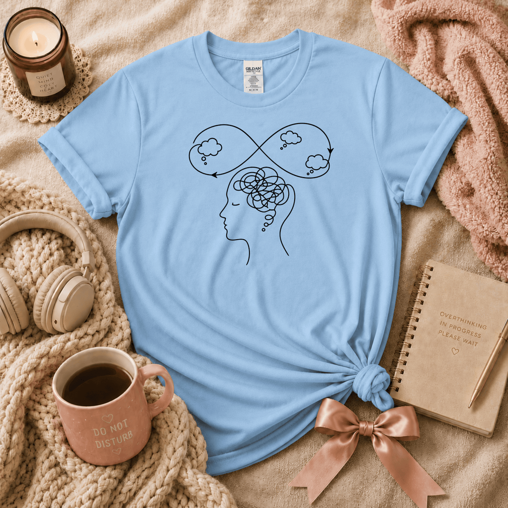 High Standards introvert graphic t-shirt cozy flat lay in light blue.