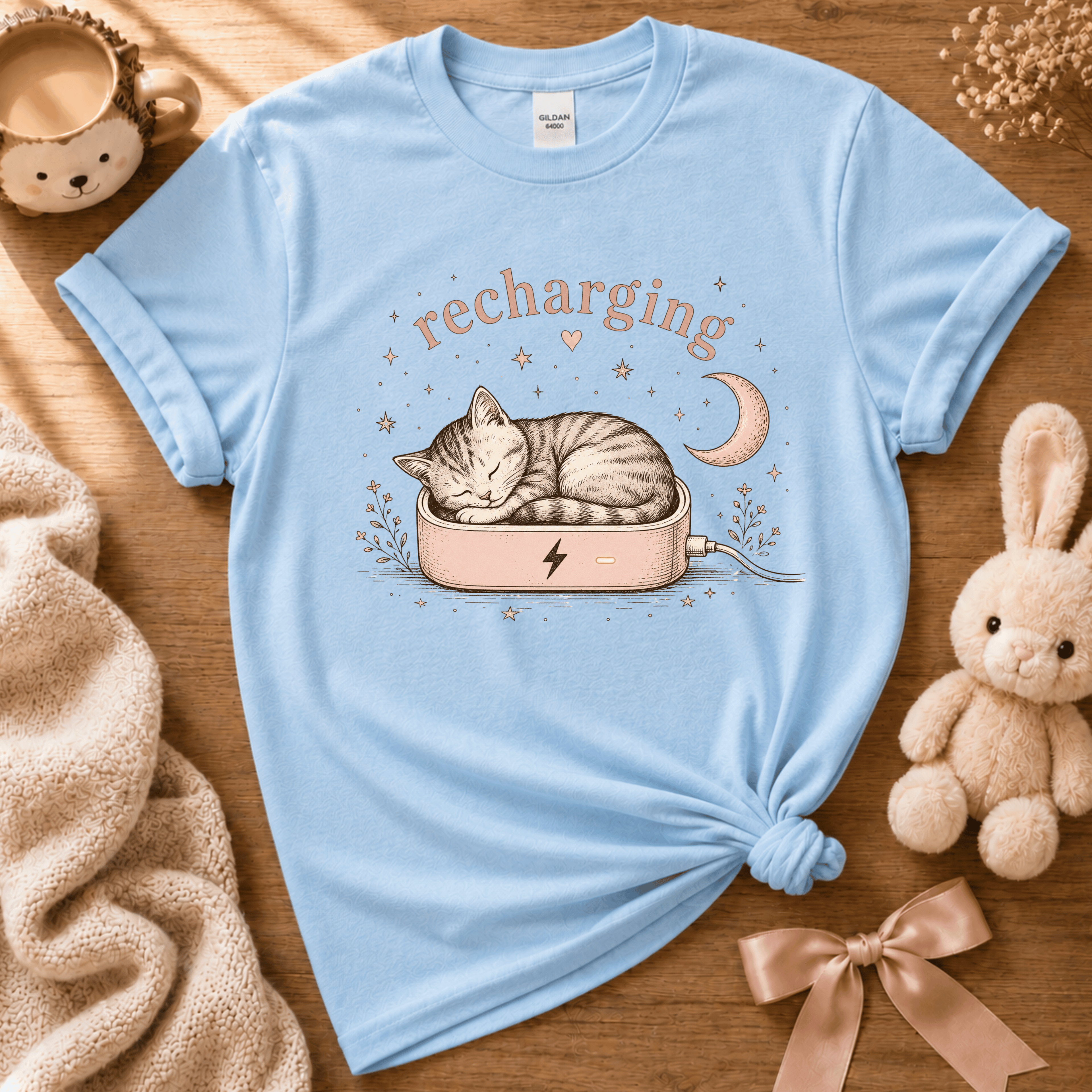 Recharging Cat | Cute Animal Graphic T-Shirt
