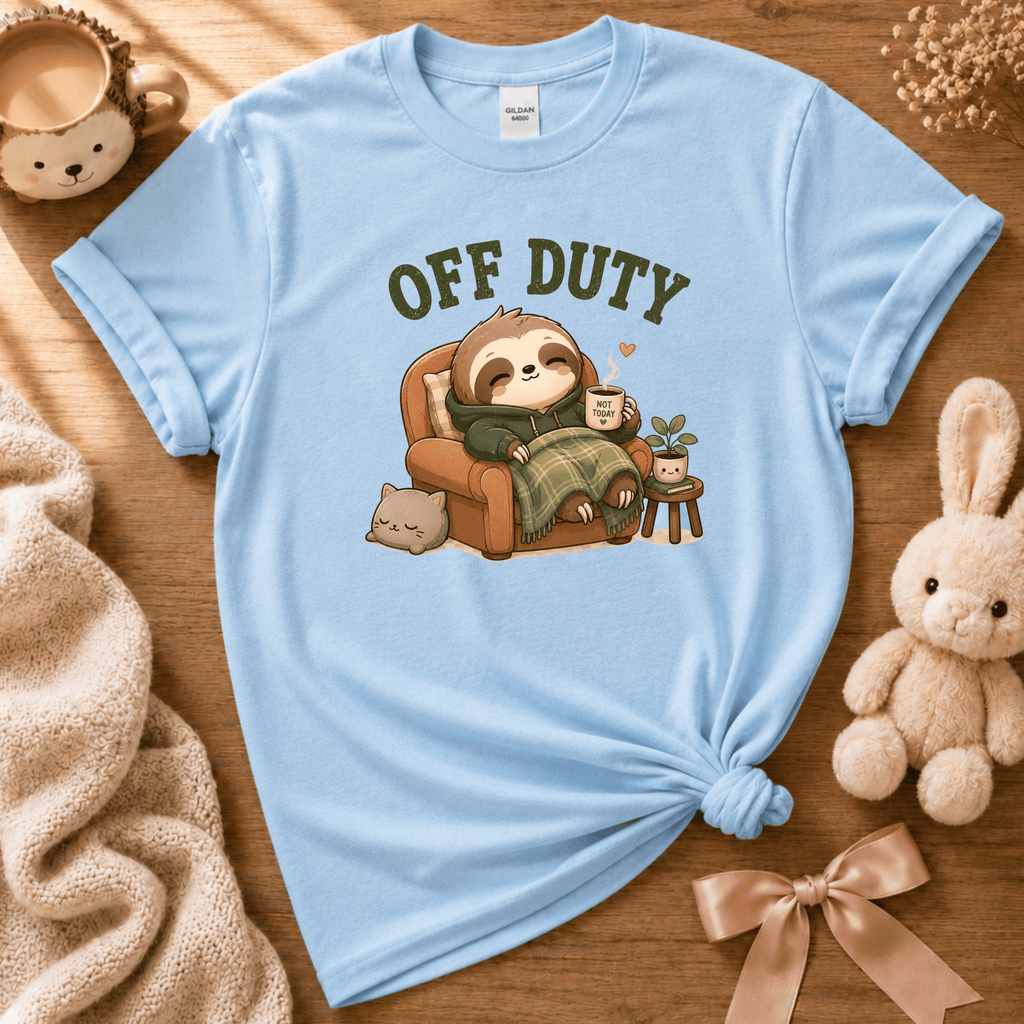 Off Duty cute animal graphic t-shirt cozy flat lay in light blue.