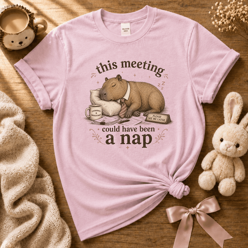 This Meeting cute animal graphic t-shirt cozy flat lay in light pink.