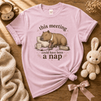 This Meeting cute animal graphic t-shirt cozy flat lay in light pink.