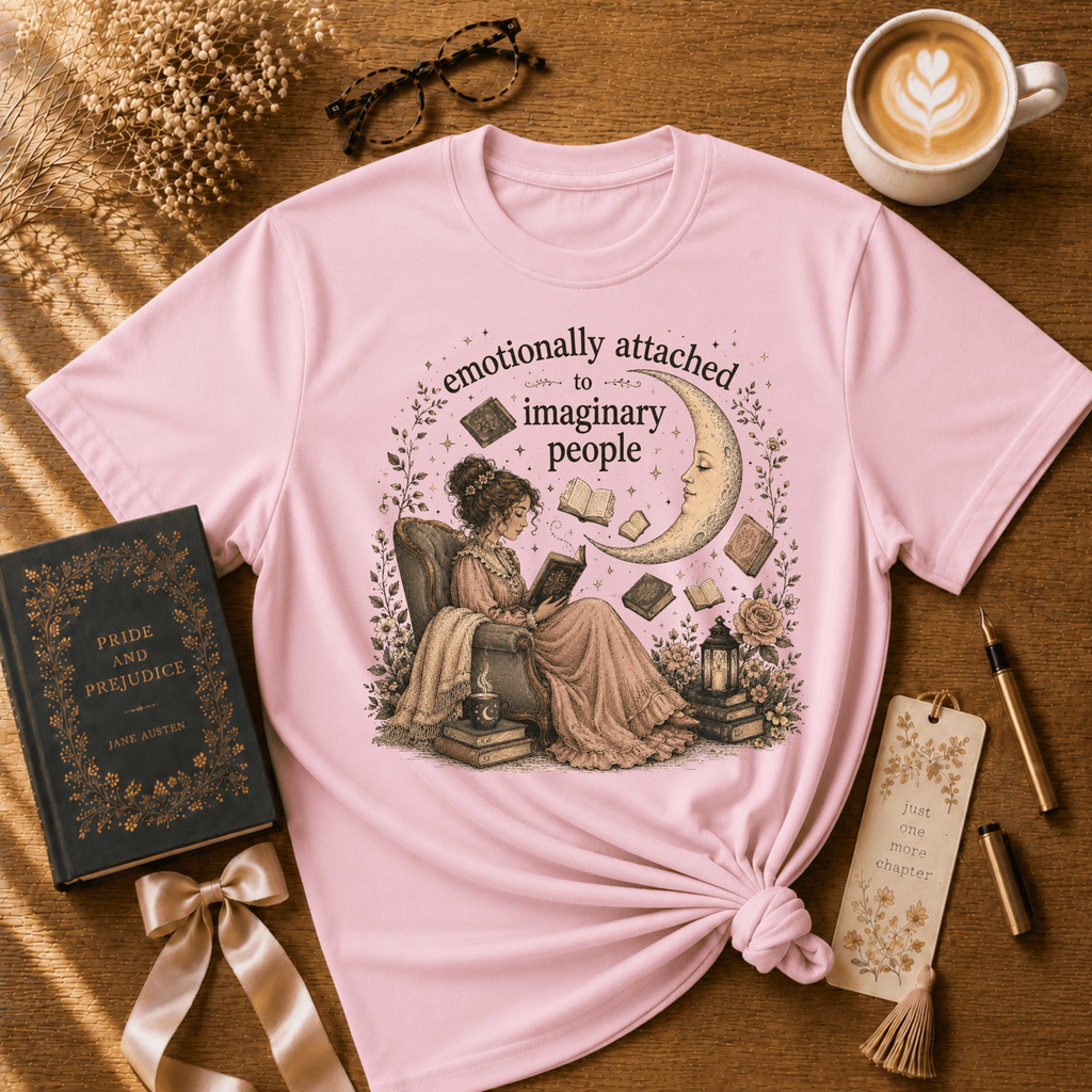 Imaginary People book lovers graphic t-shirt cozy flat lay in light pink.