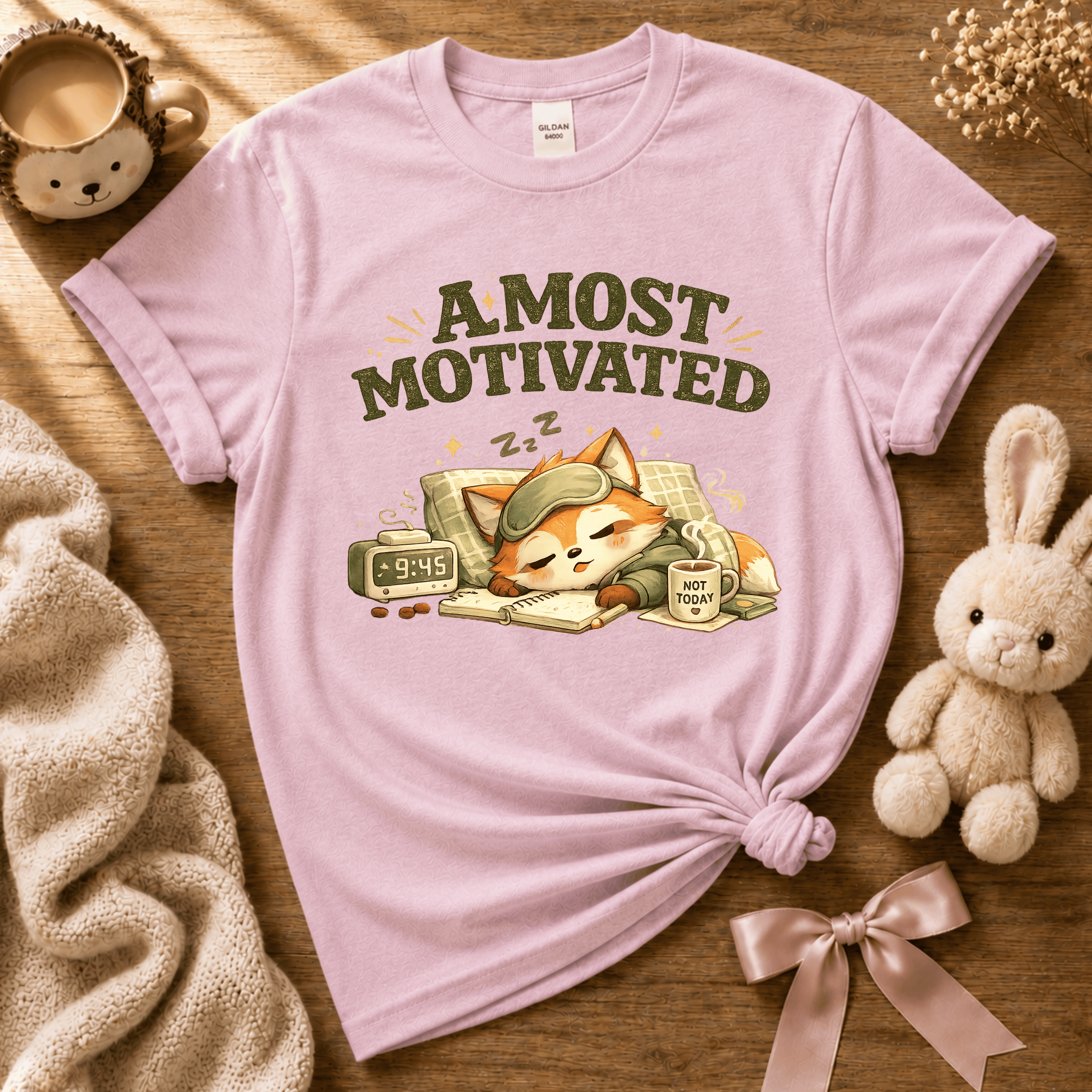 Almost Motivated introvert graphic t-shirt cozy flat lay in light pink.