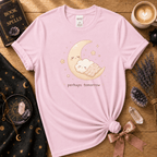 Perhaps Tomorrow introvert graphic t-shirt cozy flat lay in light pink.