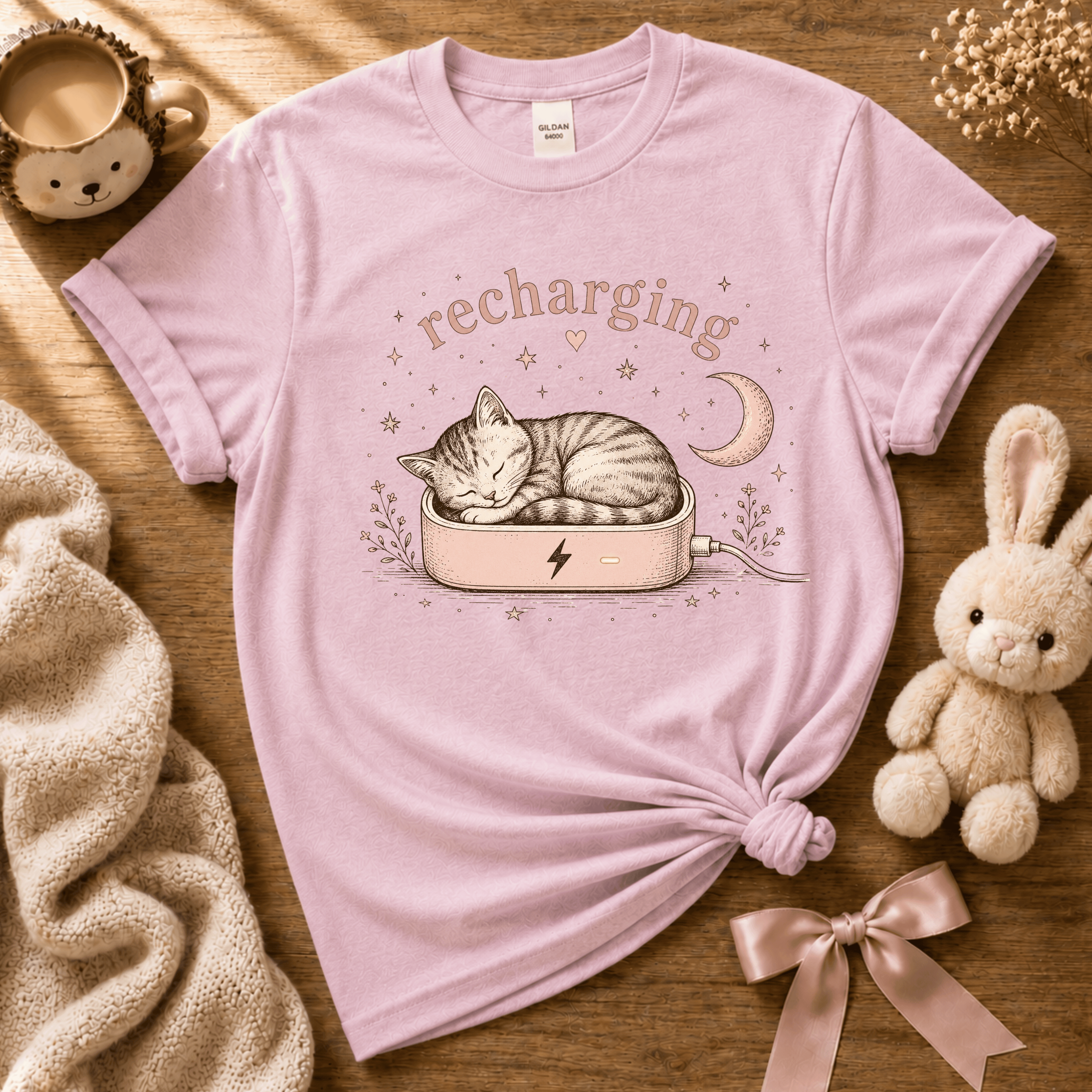 Recharging Cat | Cute Animal Graphic T-Shirt