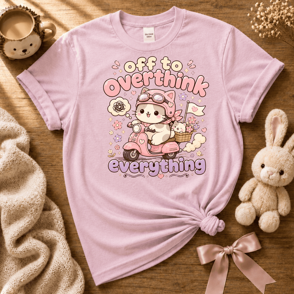 Overthink Cat cute animal graphic t-shirt cozy flat lay in light pink.