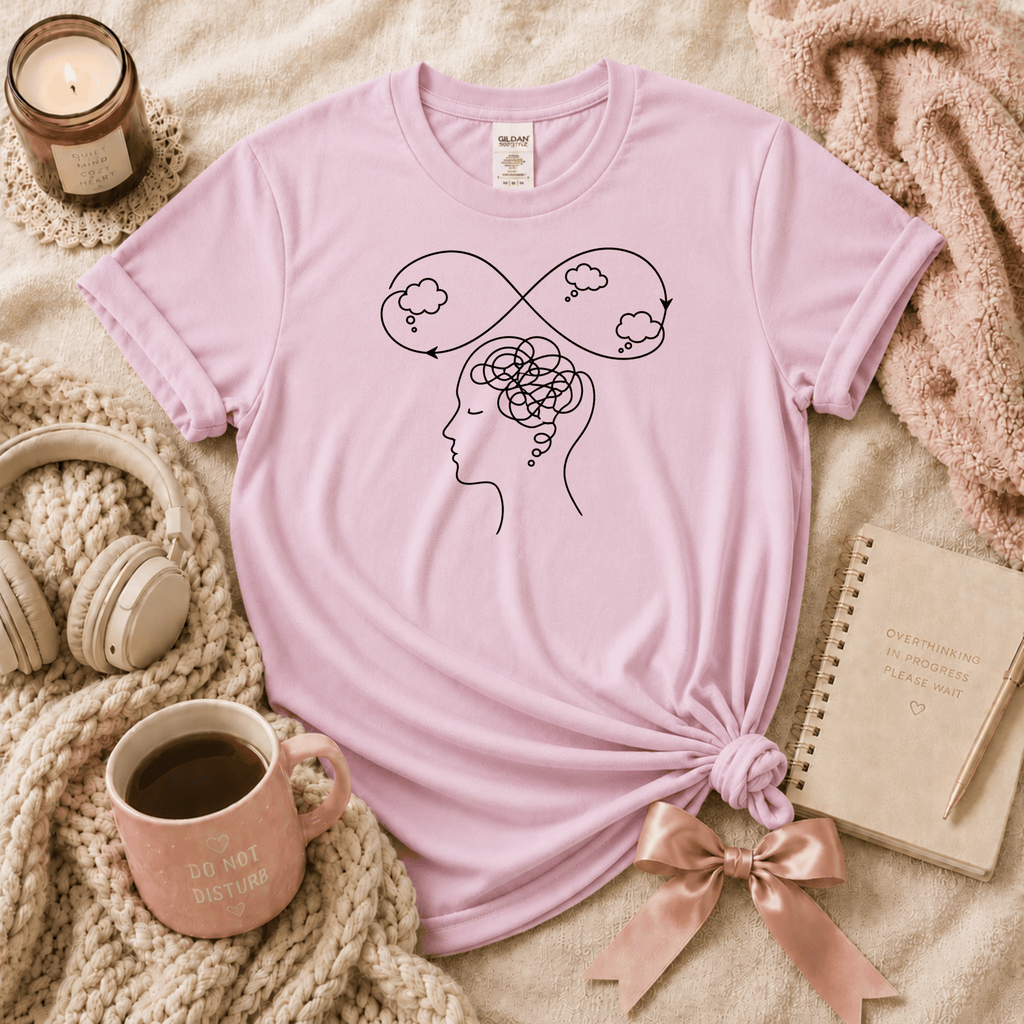 High Standards introvert graphic t-shirt cozy flat lay in light pink.