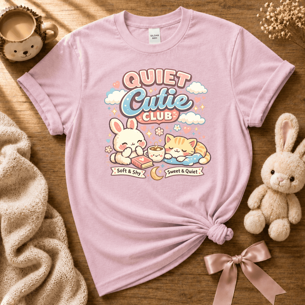 Quiet Cutie Club 1 cute animal graphic t-shirt displayed in a cozy flat lay in light pink.