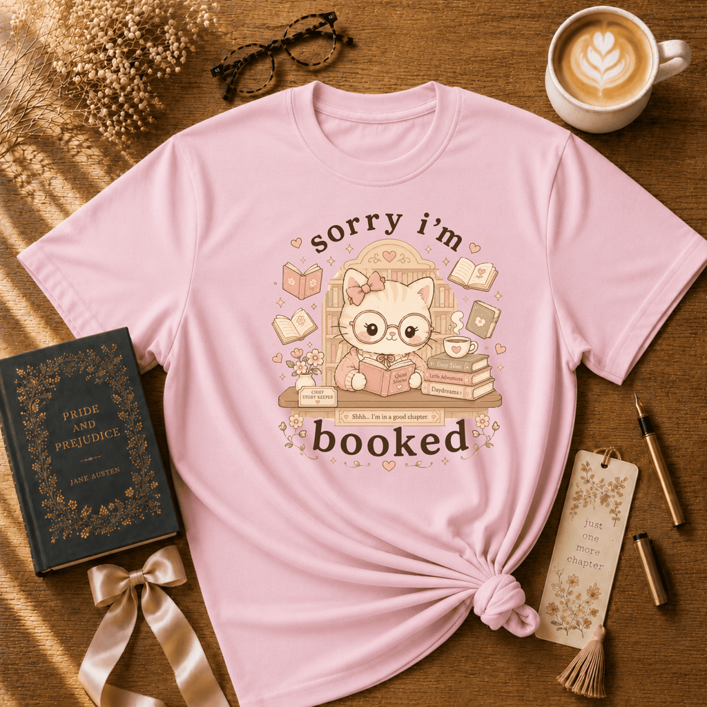 I'm Booked book lovers graphic t-shirt cozy flat lay in light pink.