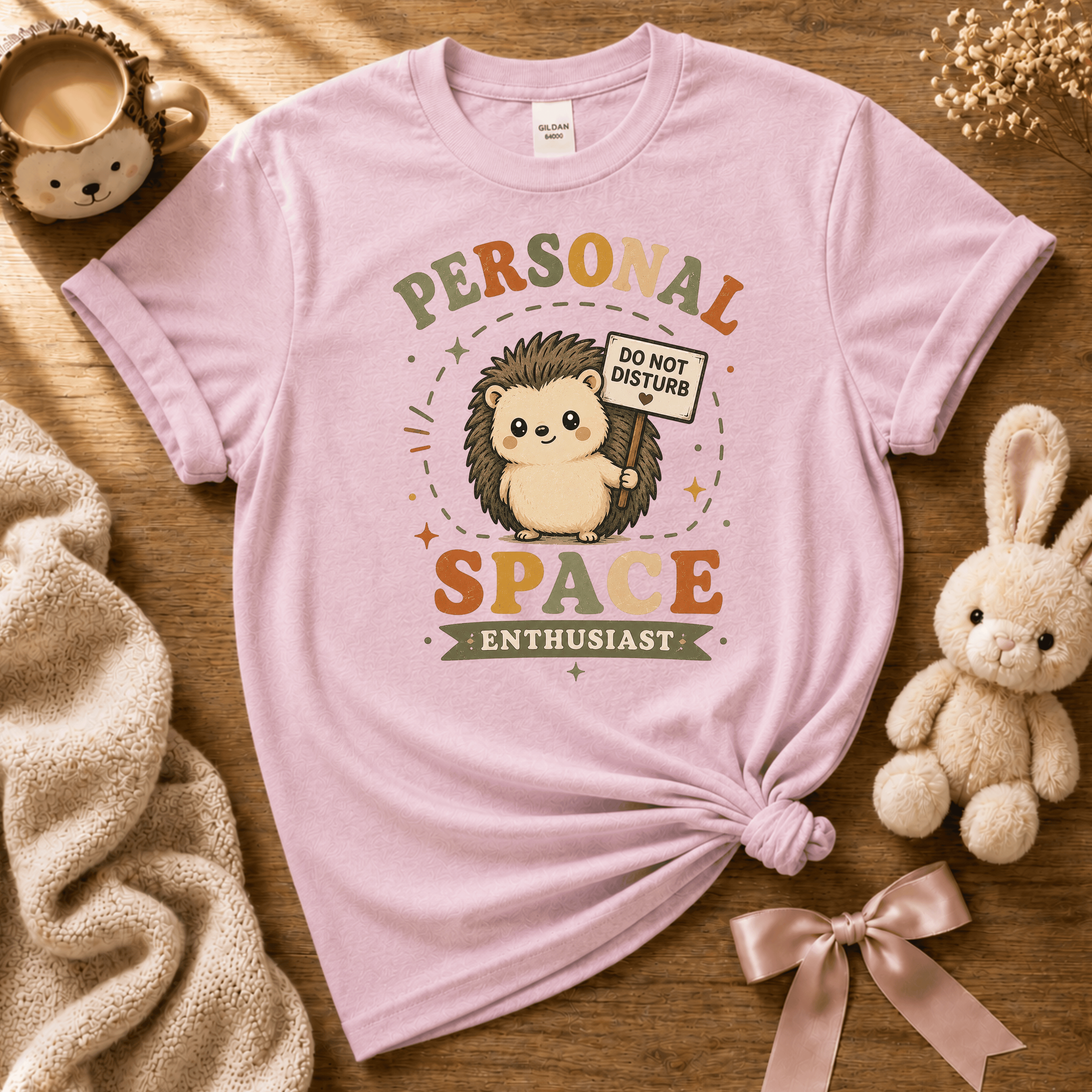 Personal Space cute animal graphic t-shirt cozy flat lay in light pink.