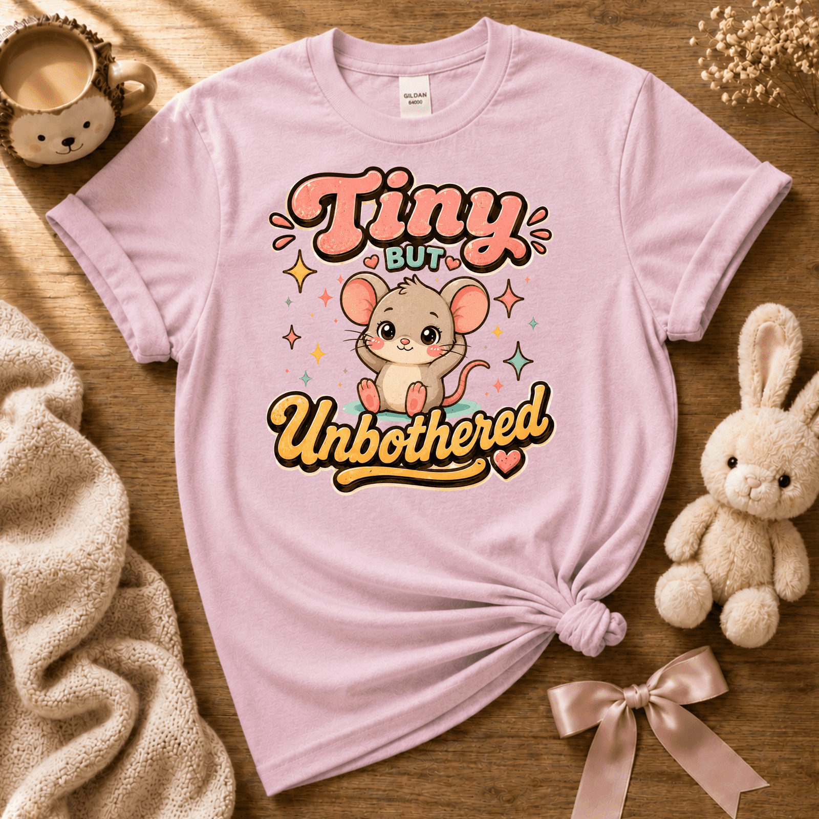 Tiny But Unbothered cute animal graphic t-shirt cozy flat lay in light pink.