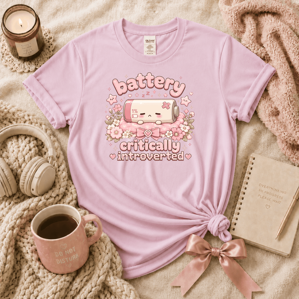 Cute Battery introvert graphic t-shirt cozy flat lay in light pink.