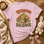 Running On Silence cute animal graphic t-shirt cozy flat lay in light pink.