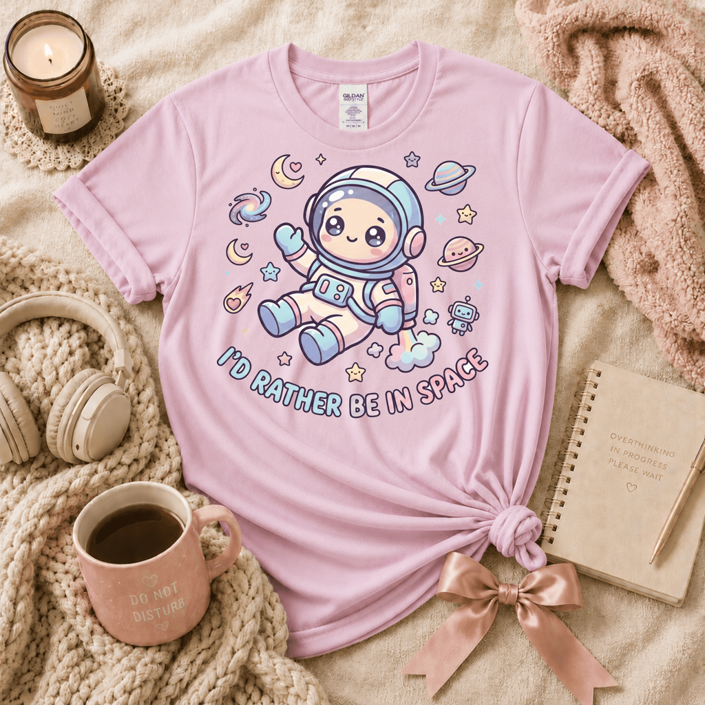 I'd Rather Be In Space introvert graphic t-shirt cozy flat lay in light pink.