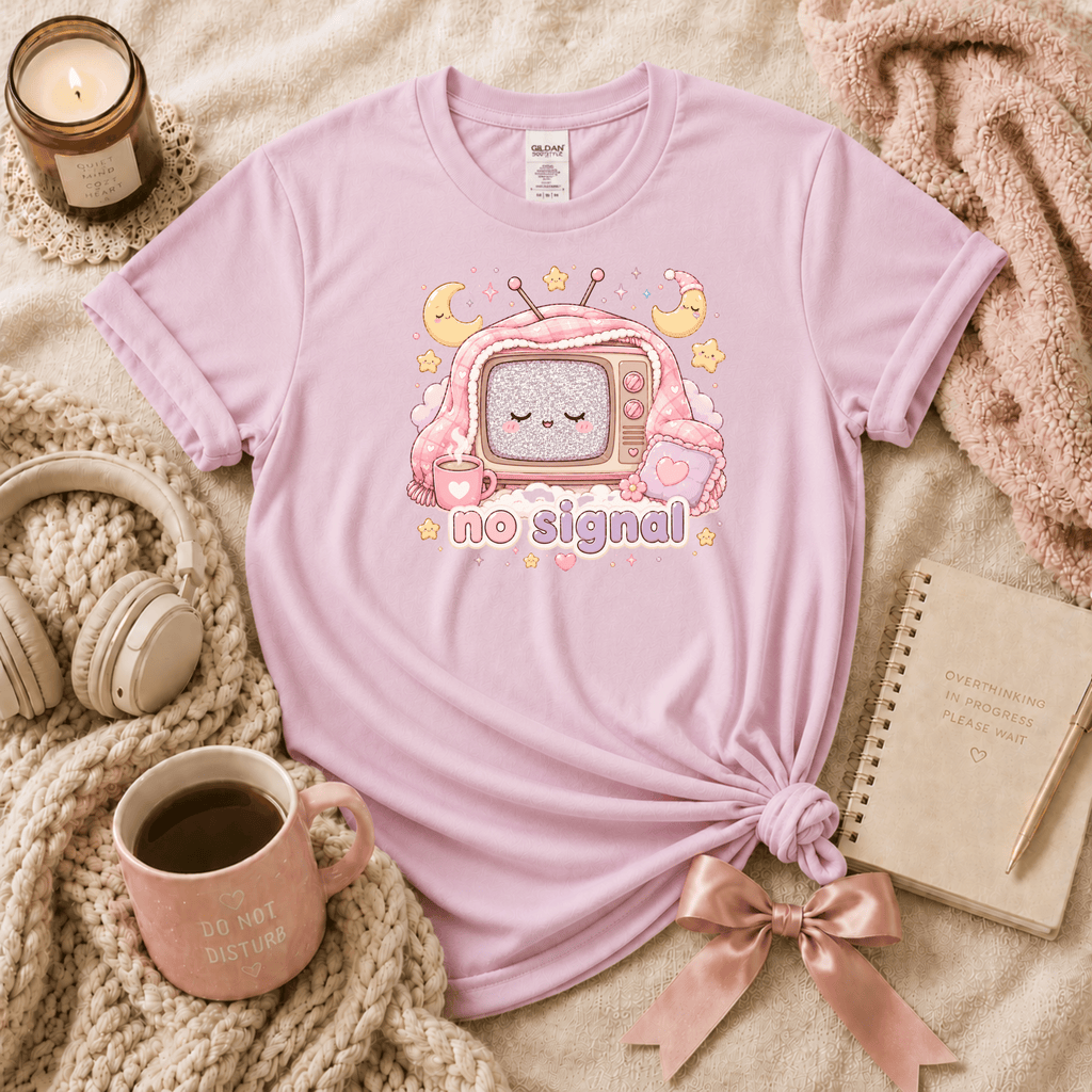 No Signal introvert graphic t-shirt cozy flat lay in light pink.
