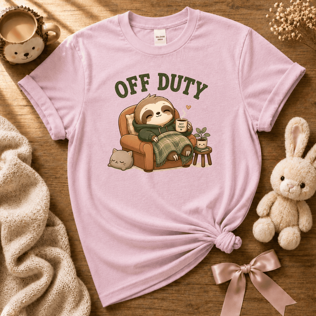 Off Duty cute animal graphic t-shirt cozy flat lay in light pink.