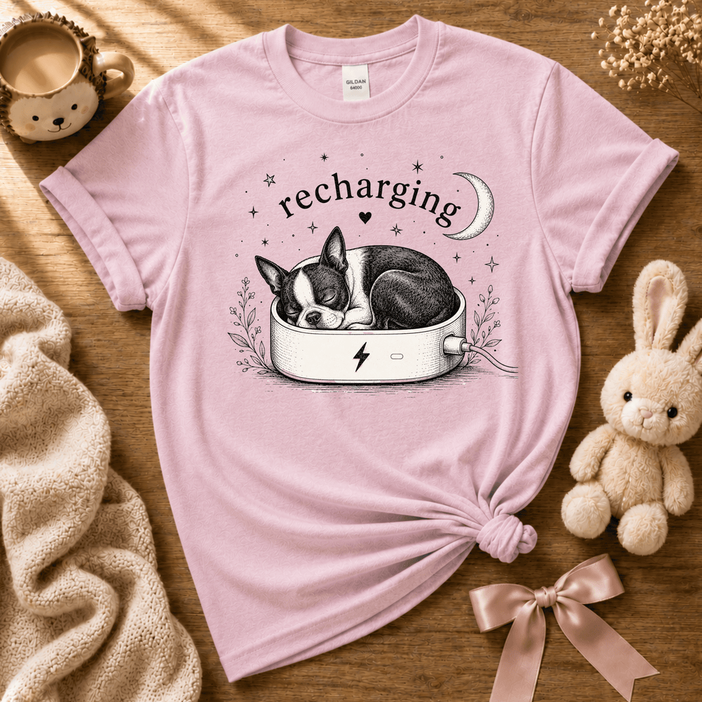 Recharging Boston cute animal graphic t-shirt cozy flat lay in light pink.